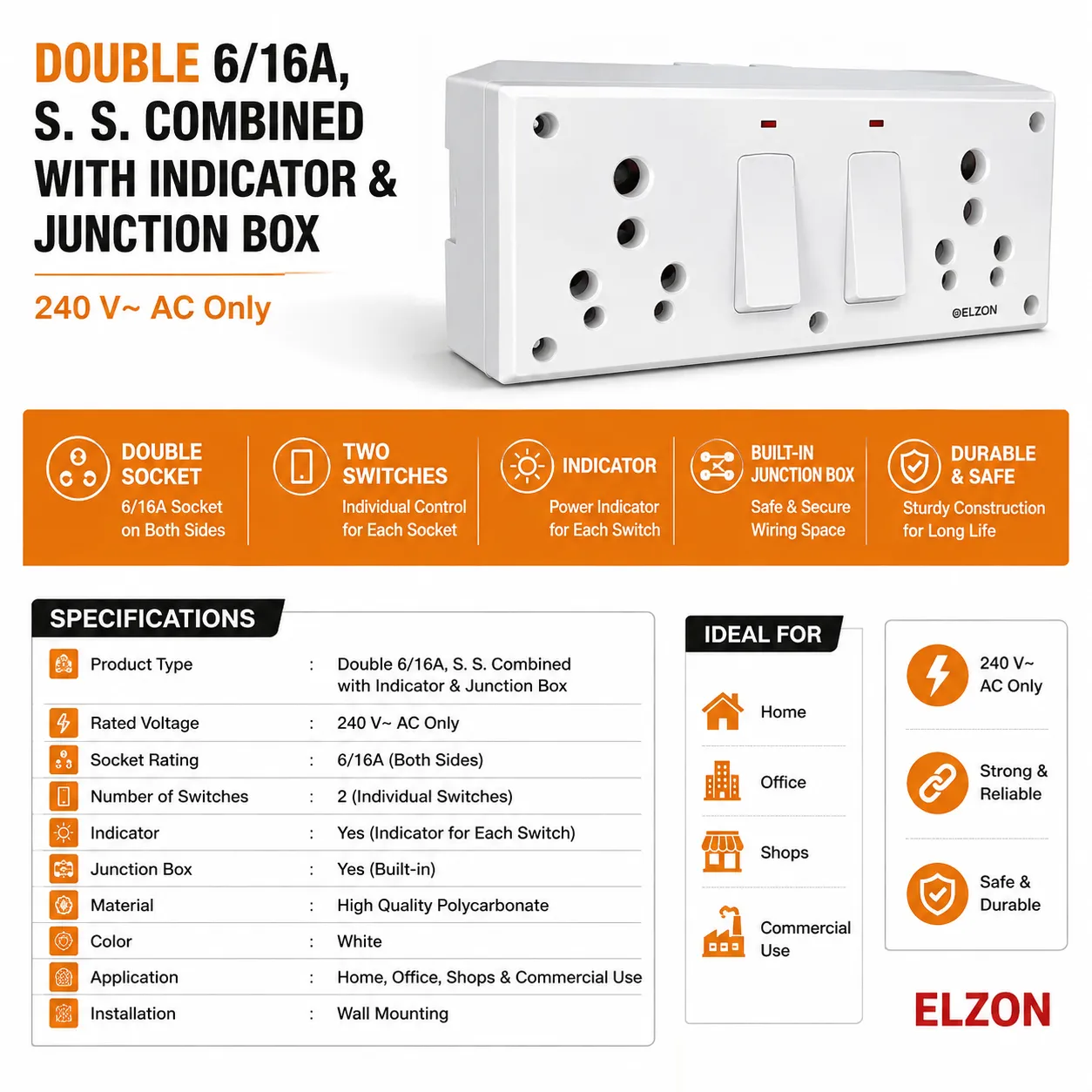 ELZON Double 6/16A Extension Board with Dual Indicator & Junction Box — view 2